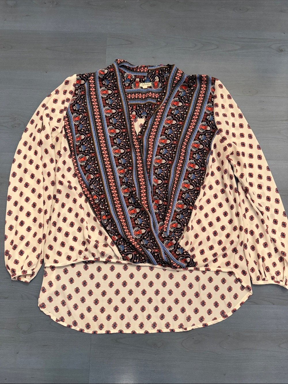 Eyeshadow Cream Boho Surplice Blouse with Navy and Rust Accents